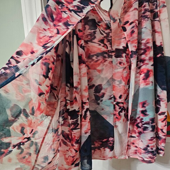 Jennifer Lopez Floral Watercolor V-Neck Blouse in Coral, Navy & Mint - Picture 5 of 14